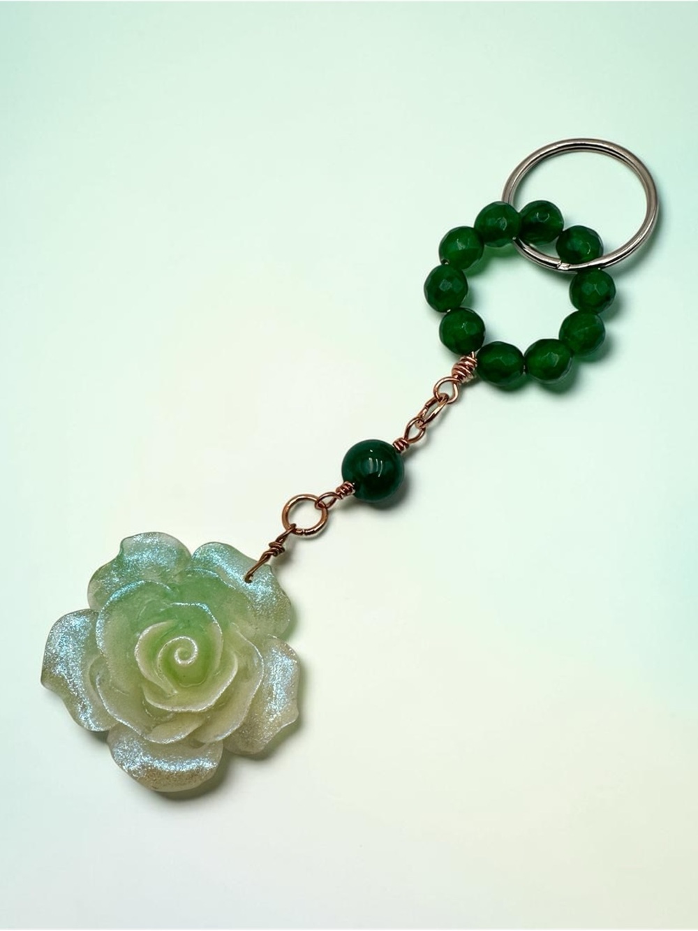 Handmade Green Beaded Flower Keychain Rose Charm Key Ring Gift